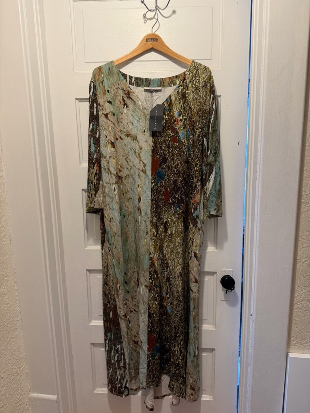 bryn Walker Liliana Multi-Color Long Sleeve Maxi Dress in Aqua, Brown and Cream